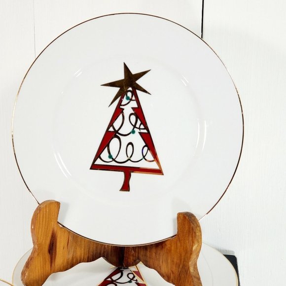 Set of 5 Pier 1 Christmas Tree 7.5” Dessert Salad Plate stylized holiday tree - Picture 2 of 9